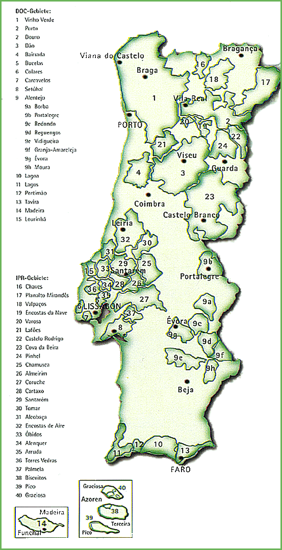 Anbaugebiete: In 5 Weinbauzonen gibt es einschließlich der Insel Madeira 48 Qualitätsweingebiete. Davon haben 19 DOC.